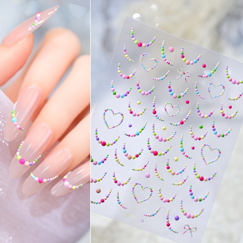 1pc Y2k Dopamine Dot & Floral 3d Bead Nail Stickers - Self-adhesive Nail Art Charms For Diy Manicure, Summer Rainbow Design, Women’s Nail Decor, Nail Accessories, Creative Manicure Fans