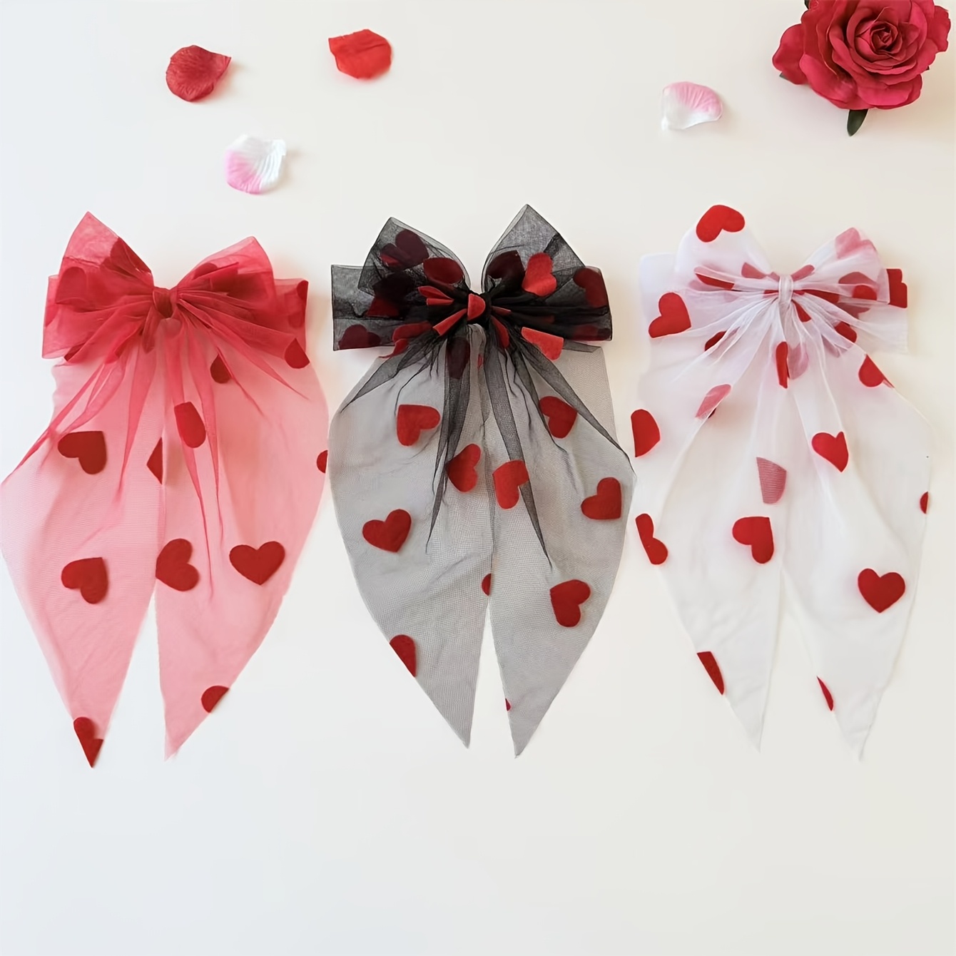E-shop 3er-Set Damen Süße Elegante Schwarz/Weiß/Rot Stoff Mesh Lange Fließende Schleife Frühlingsclip, Pferdeschwanz Halbe Haarspange, Geeignet für