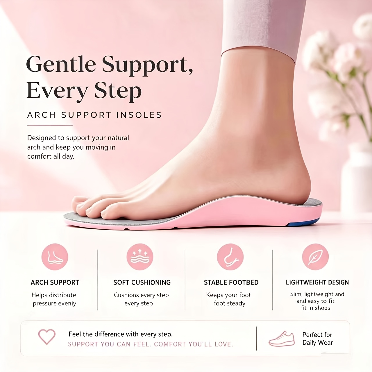 TEMU 1 Paire de Semelles de Chaussures avec Support de la Voûte Plantaire, Coupe de Talon Profonde pour la Stabilité, Inserts Rembourrés en Tissu