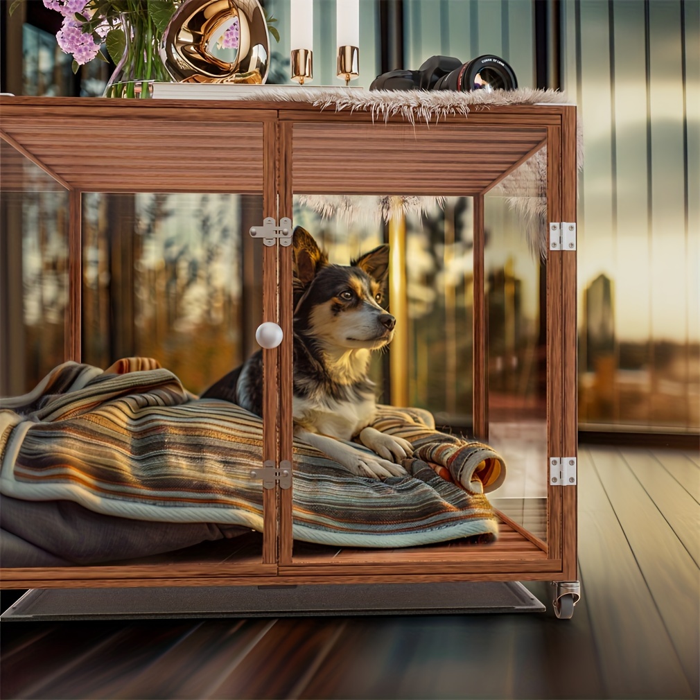 Sturdy Aluminum Tempered Glass Dog Crate Dual-Door Kennel with and  Removable Tray Rust-Resistant Wood Grain