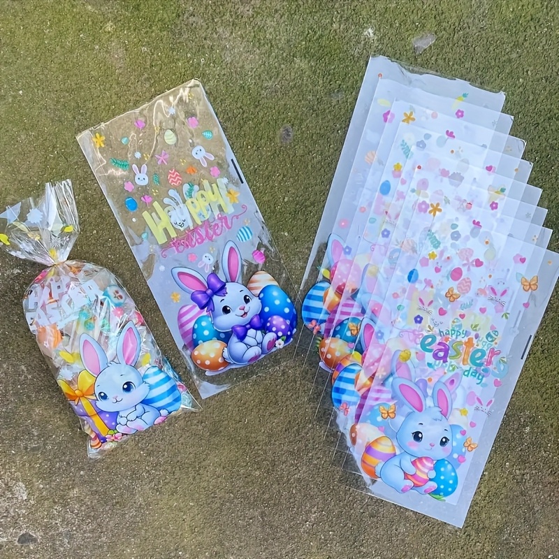 

50-pack (mixed Colors) Easter Party Gift Bags With Twist Ties, Flat Bags Featuring Bunny And Egg Designs, Holiday Gatherings.