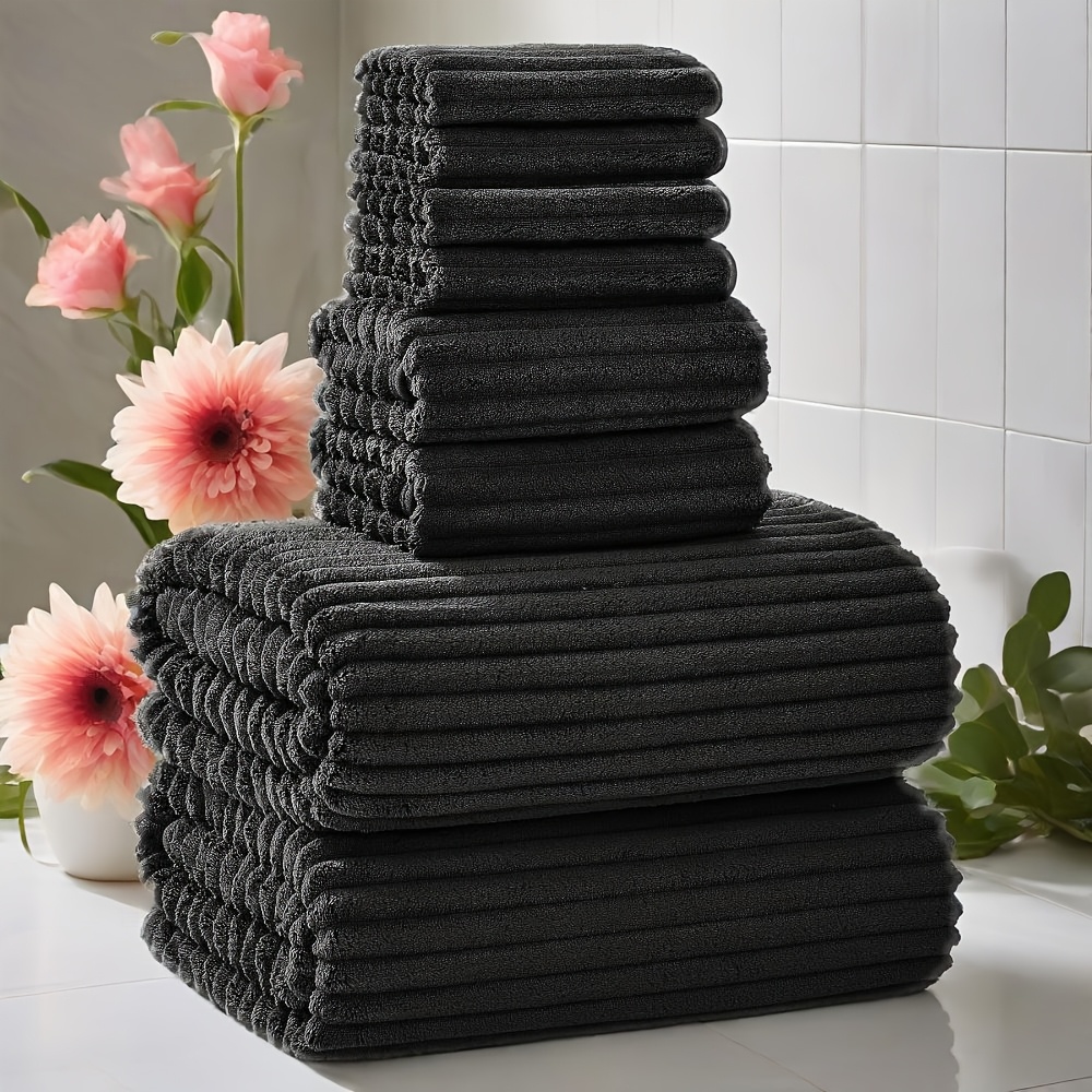 TEMU 8pcs Bathroom Towel Set (27"x55"), Includes 2 Bath Towels, 2 Hand Towels, And 4 Face Towels, Absorbent, , And Features An Elegant Gray Striped Design, Making It Suitable For Family And Hotel Use