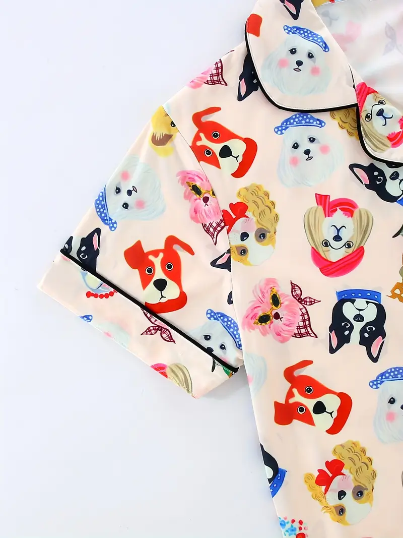 womens pajama set three pieces cute cartoon animal cute puppy casual collar top with drawstring waist shorts and trousers summer wear button pocket details comfortable knit fabric adult Product details 3