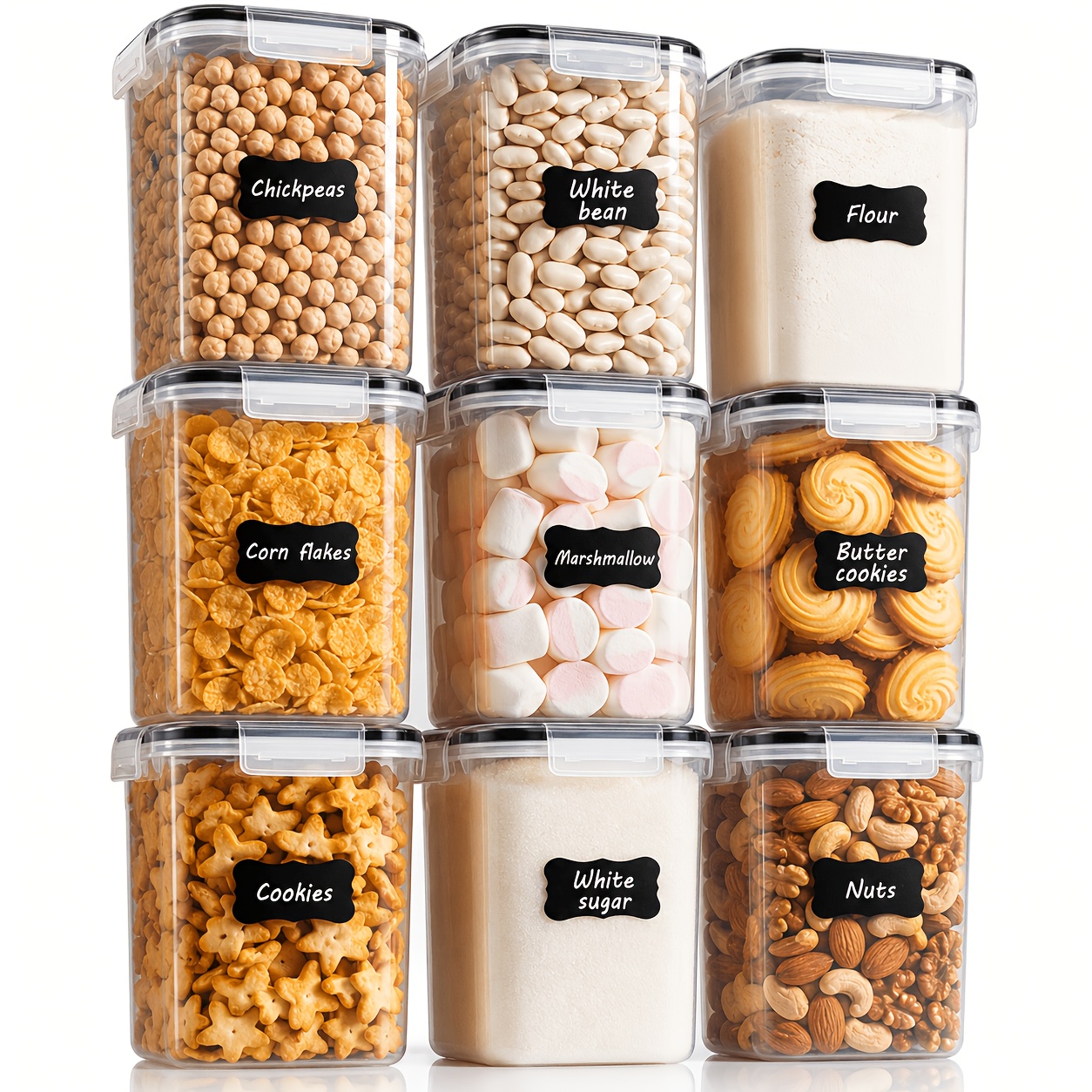 Image of 12pcs (12 Pack) Airtight Plastic Food Storage Containers With Hinged Winged Lids & 24 Labels Suitable For Cereals, Flour, Sugar, Dry Food Preservation - Pantry Canisters For Pantry Organization