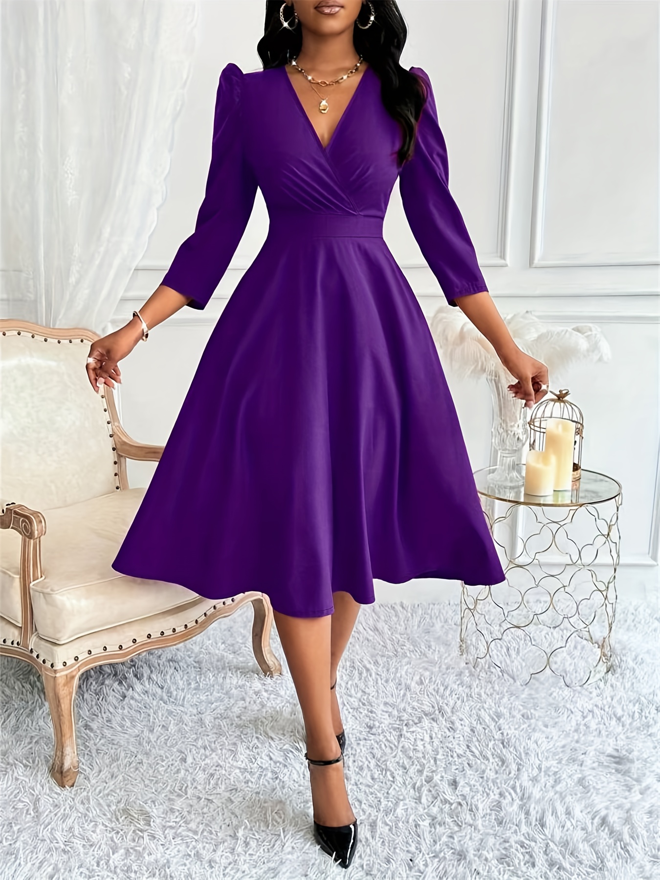 Elegant Directional Festive Party Vacation Evening Dress V-Neck Zipper  Waist-Cinching Three-Quarter Sleeve Women'S *-Long A-Line Dress