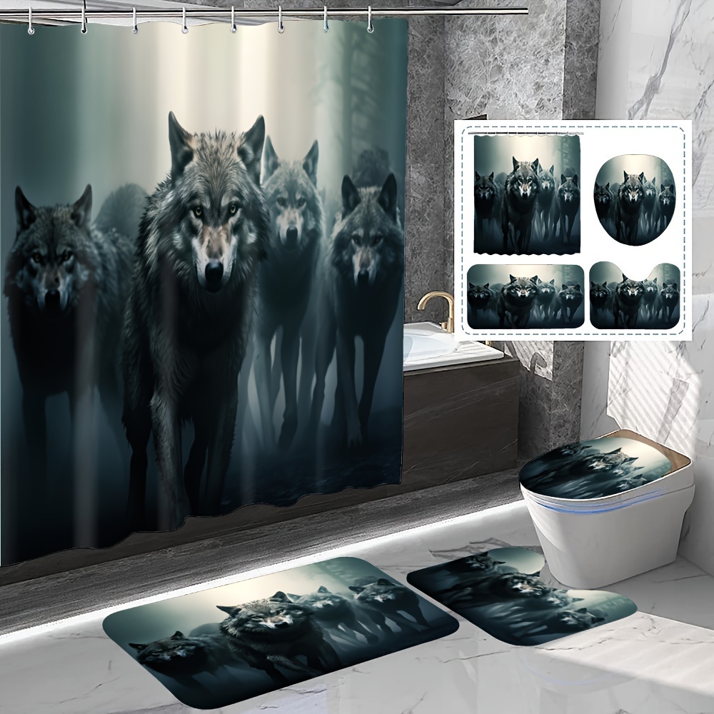 

1/4pcs Wolf Pattern Shower Curtain Set, Shower Curtain With 12 Hooks, Non-slip Bath Mat, U-shaped Toilet Mat, Toilet Mat, Bathroom Accessories, Home Decor