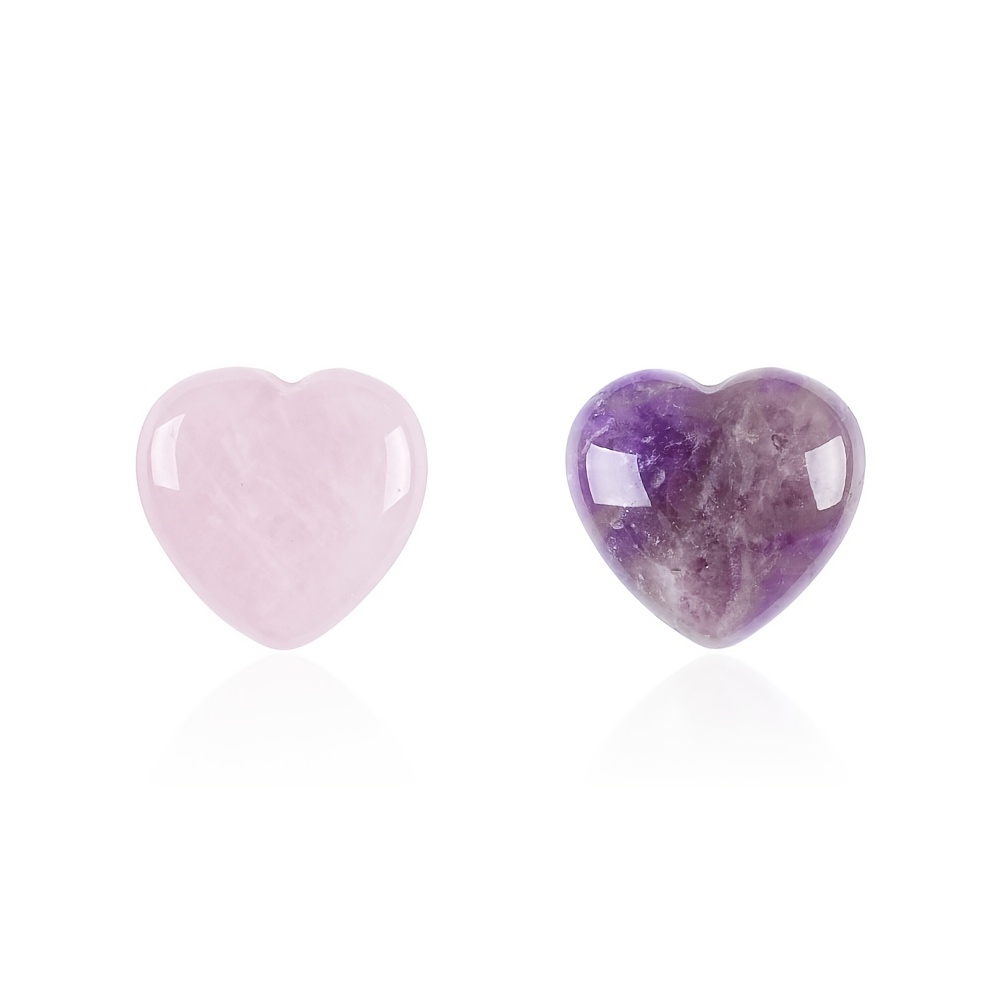TEMU 2pcs Hand-carved Heart-shaped Natural Crystal Cute Small Figurines, Rose Quartz And Amethyst Made With Balanced Chakras, Cute Pocket Gemstone,