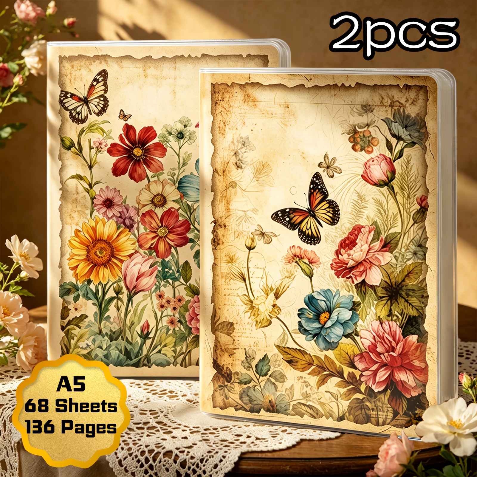 TEMU 2pcs/set, A5, 136 Pages Each, Butterflies And Flowers Notebook, Floral Diary, Lined Diary, Fashionable Notebook, Pp Cover, Composition Notebook,