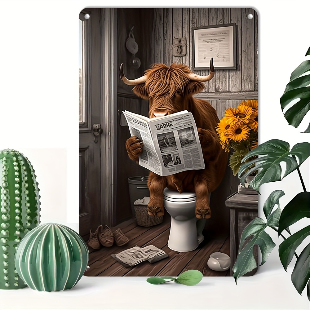 

Aluminum Metal Sign With Highland Cow Reading Newspaper - Humorous Bathroom Decor, Reusable Wall Art For Home, Garage, Indoor Use, Pre-drilled Holes, Waterproof & Weather Resistant, 8x12 Inch - 1pc