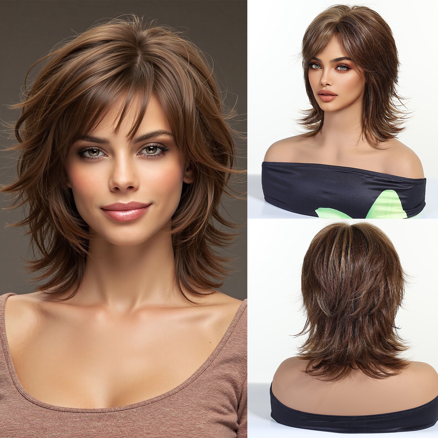 12-inch Brown Mullet Wig With Bangs, Synthetic Wig Rose Hair Net High-temperature, Fashionable And Versatile, Elegant Temperament, Suitable For Occasions Such As Cos, Parties, And Carnivals
