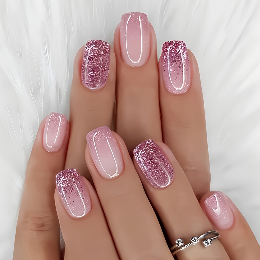 TEMU A Featuring Adhesive Nail Decorations, Elongated Rectangular Nails With Pink And Red Glittering Diamonds, This 24pcs Press-on Nail Kit With Nail