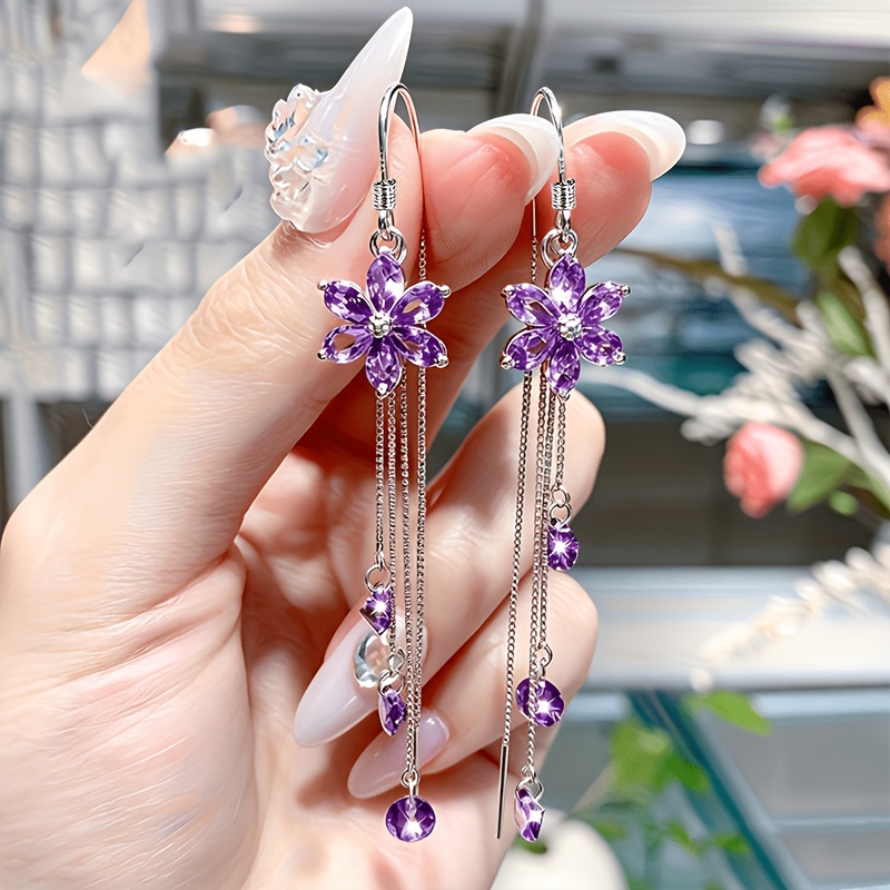 Image of Elegant And Sexy Women's Earrings With Shiny Purple Synthetic Synthetic Zirconia And Flower Inlay, An Ideal Gift For . Perfect For Daily , Parties, Music Festivals, Vacations, And Banquets
