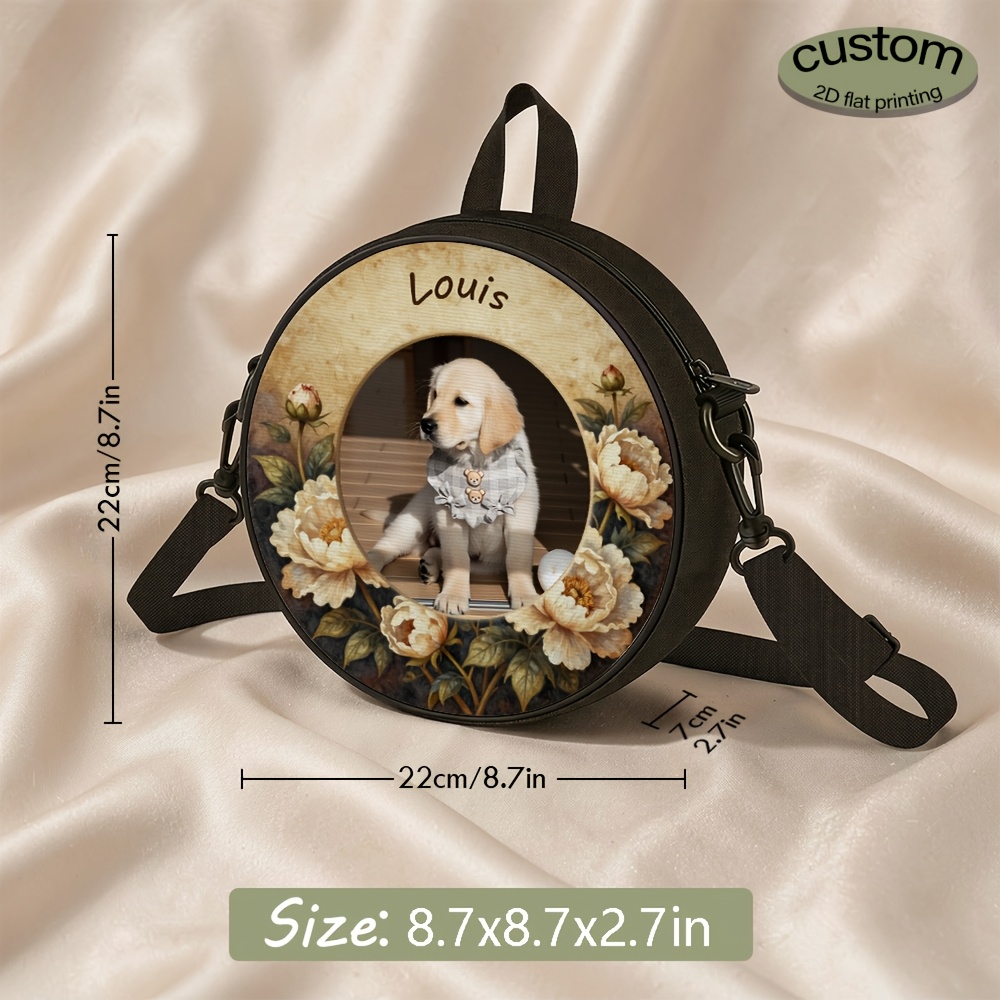 TEMU Custom Women's Round Crossbody Bag Suitable For Daily Commuting With Pet Photo/text/design, Adjustable Strap & Zipper Closure, Hand Washable