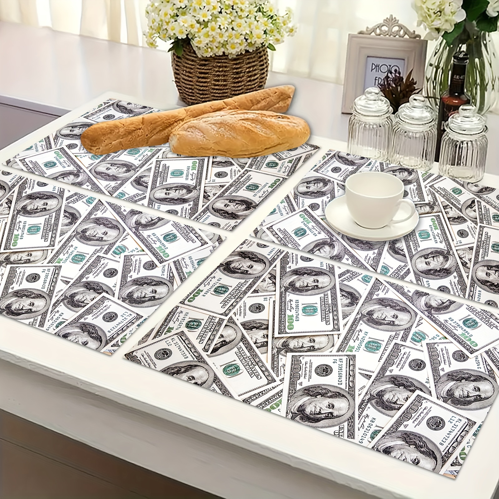 

Jit4 /6 Pieces Dollar Pattern Linen Placemats - Machine Washable, Heat Resistant, Square Kitchen Table Decorations For Festive Parties, Family Dinners, And Home Décor