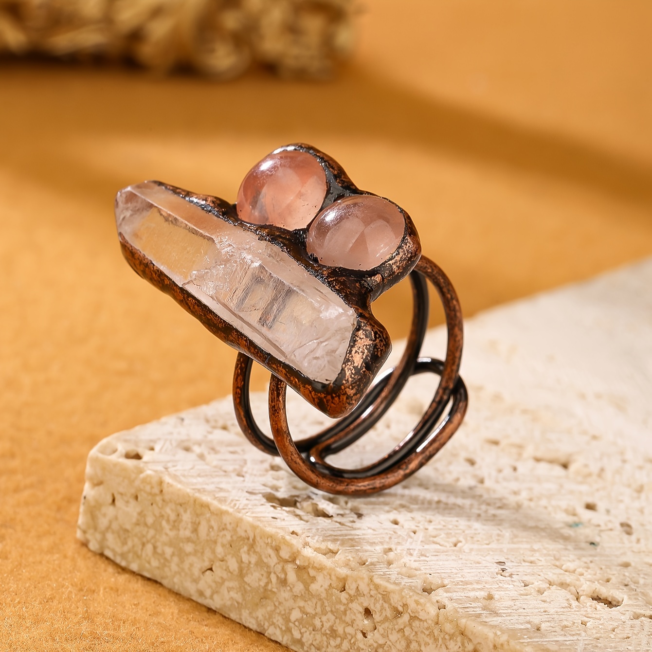 

Vintage Boho Handcrafted Copper Adjustable Cuff Ring With Natural Raw Quartz Hexagonal Column And Rose Quartz Round For Women, Electroplated In Unique Bronze Tone - Ideal For Party, Banquet, Gift