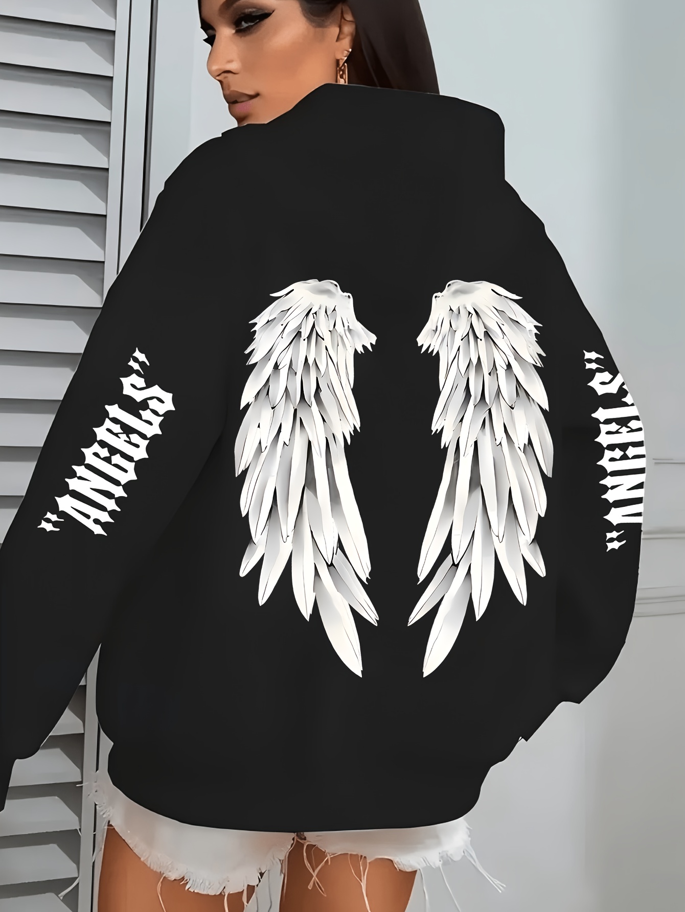 womens pink hoodie angel wings print stylish long sleeve zip