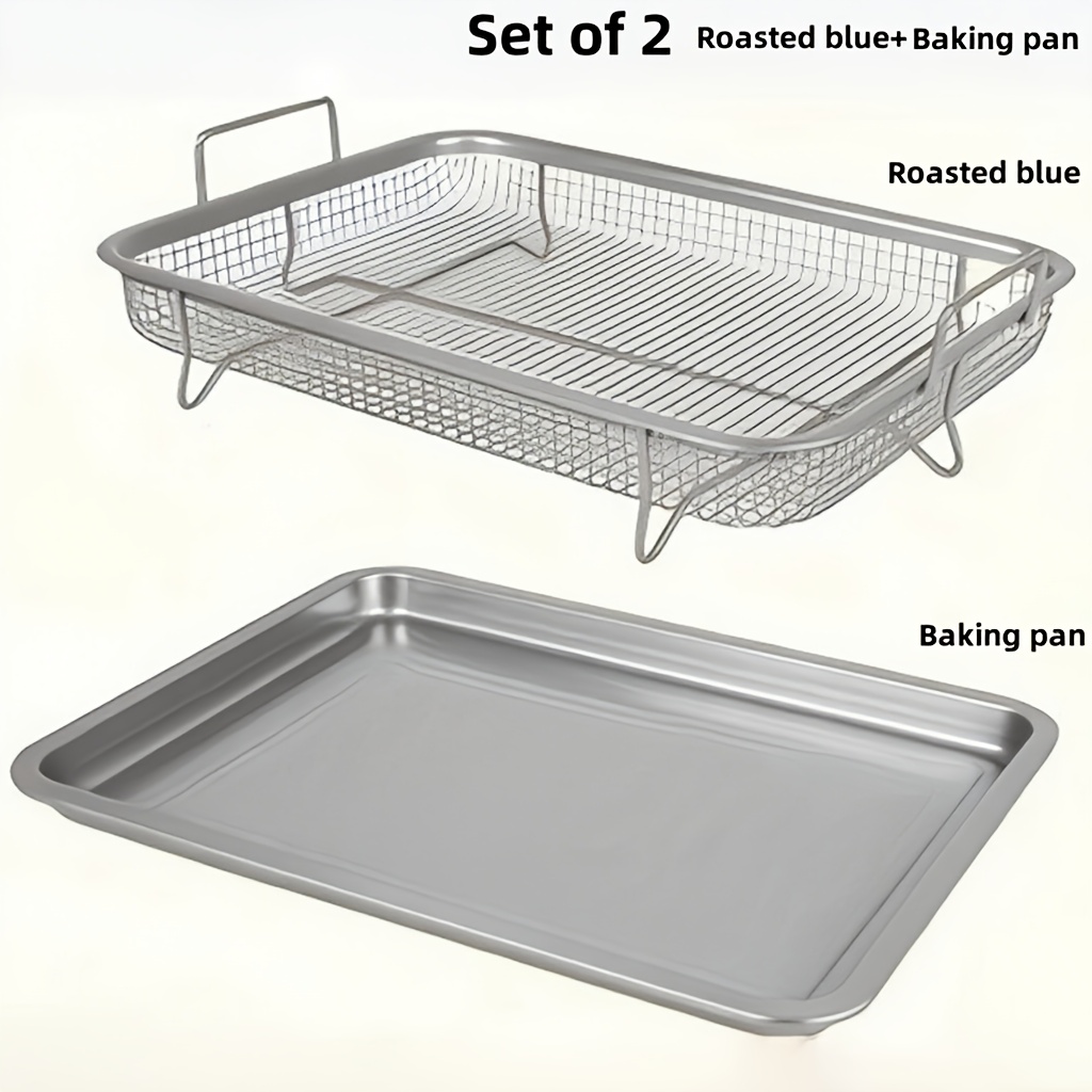 Image of 2pcs (1pc Grill Rack + 1pc Oil Drain Pan) Stainless Steel Oven Air Fryer Basket, 32.5 Cm X 24.5 Cm Crispy Frying Box Tray, Grill Pan Suitable For Barbecue, Kitchen Supplies And Additions