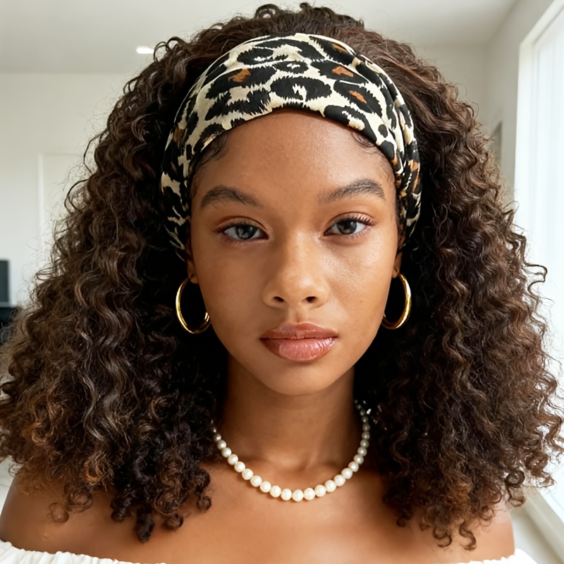 TEMU Headband Inch Deep Curly Headband Wigs For Women Short Glueless No Lace Deep Curly Half Hair Wigs, 20" Dark Brown