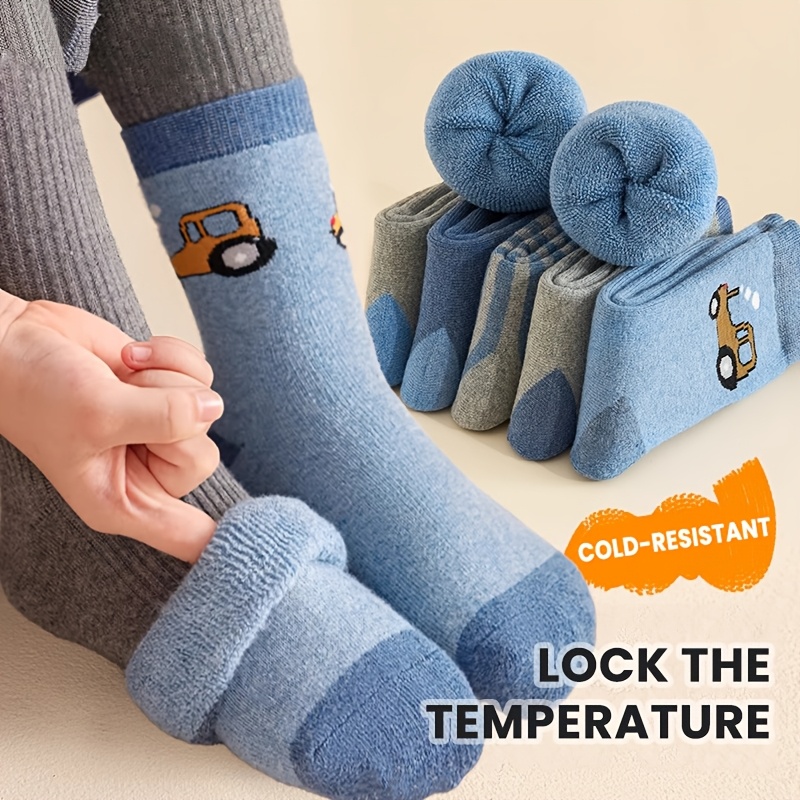 Image of 5-pair Children's Small Car Terrycloth Fashion Plush-lined Thickened Warm And Comfortable Socks, New Autumn/winter Mid-calf Socks, Kids' Floor Socks For Boys And Girls