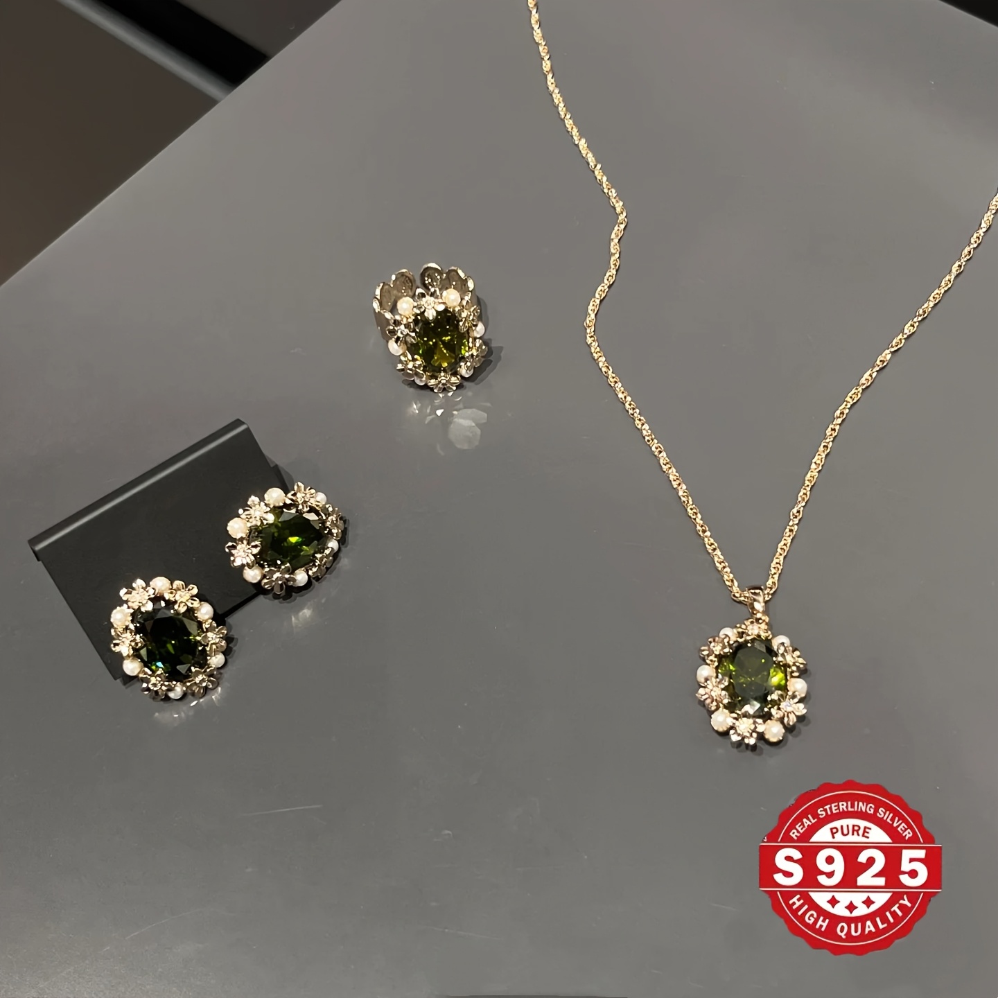 S925 Silver Olive Green Zirconia Stud Earrings Ring Necklace Set
