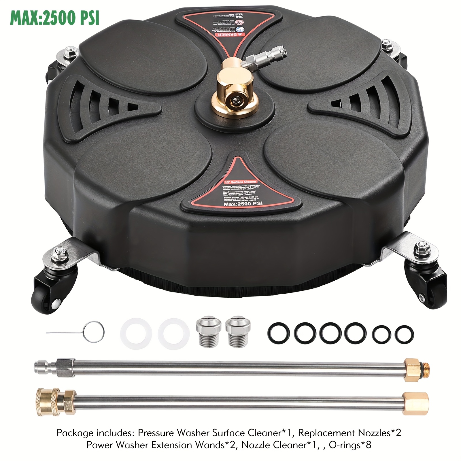E-shop 14" Hochdruckreiniger Oberflächenreiniger Zubehör, 2500 PSI Power Oberflächenreiniger, mit 4 Rädern 1/4" Schnellanschluss 2 Verlängerungsstäbe