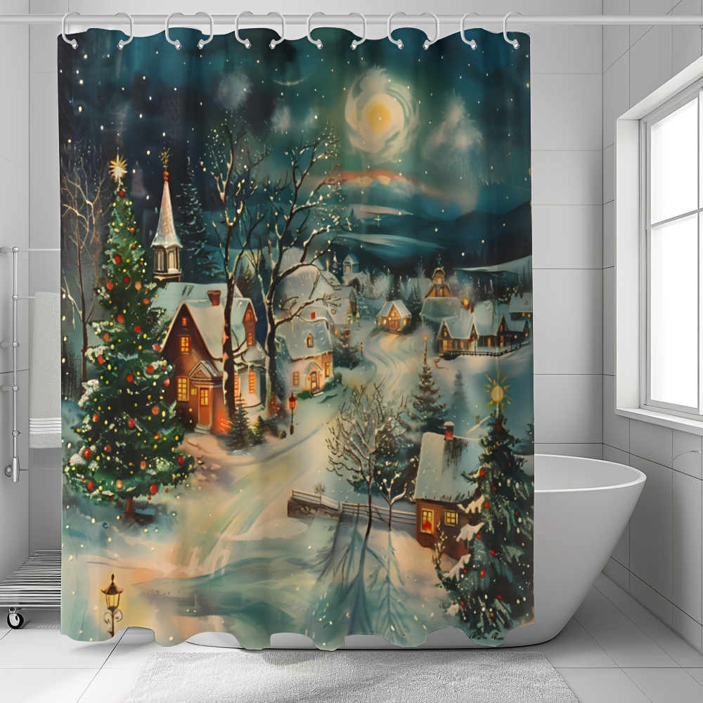 

Festive Snowy Village Christmas Shower Curtain With 12 Hooks - Waterproof, Machine Washable, And Perfect For Your Bathroom Decor