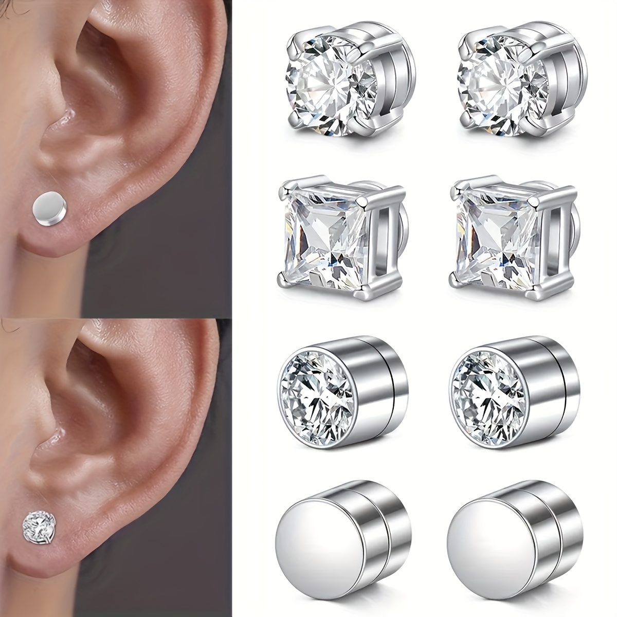 4   de pendientes de botón magnéticos sin perforación para orejas   - acero inoxidable 304 hipoaergénico con zirconia cúbica sintética falsa y retención magnética (sin clip  ) para mujeres y hombres, uso  , fiestas, festivales, año