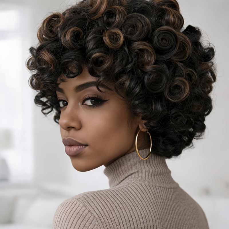 Image of Women' Short Bob Afro Wig Suitable For - Glueless Human Hair Cut With Bangs, 200% Density , P1b/30 Color, Lace-free Wig For Volume & Instant Hairstyle, No Maintenance Required