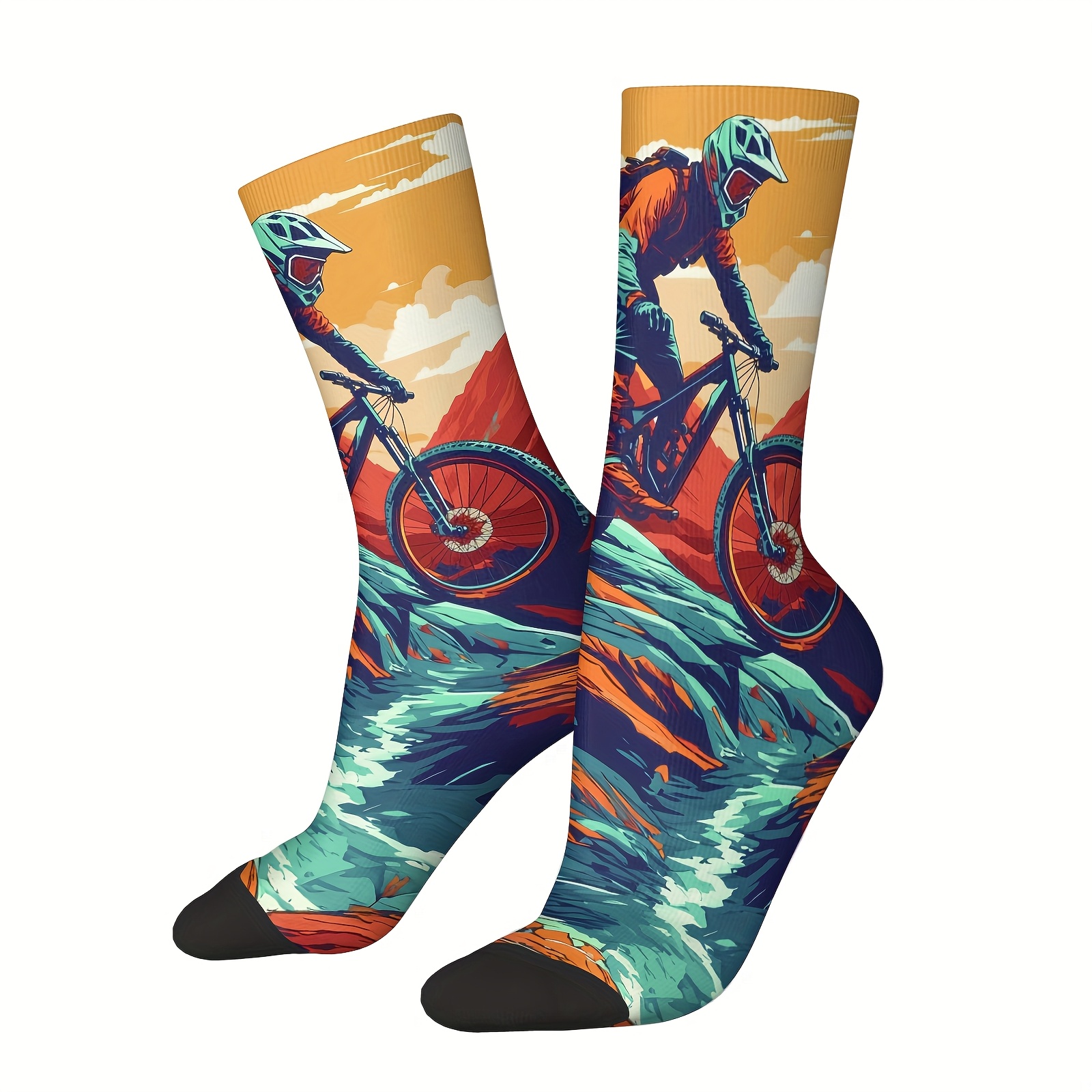 Image of 1 Pair Unisex Outdoor Cycling-themed Mid-calf Socks With 360° Print, Featuring Mountain Biking, , Perfect Gift For Cycling Enthusiasts, Ideal For Riding, Hiking, Camping & More