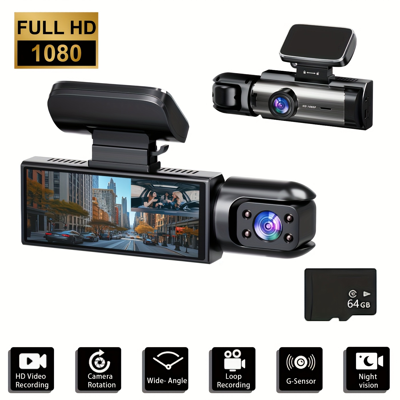 1080p 2 lens car cam   with 3 0 inch hd display infrared night   function for vehicle monitoring parking surveillance camera with 64g memory card