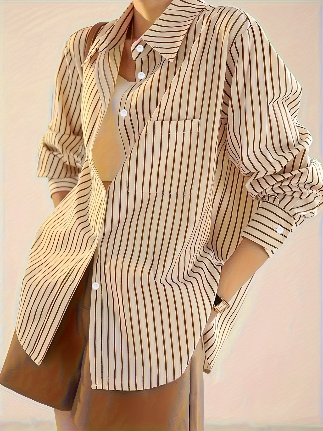 chemise   à rayures pour femme - manches longues décontractées avec poches,   pour   & lautomne Détails du produit 3