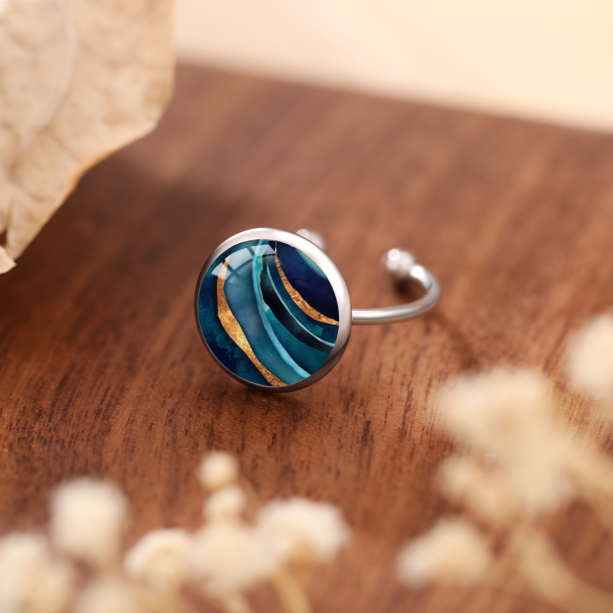 Image of 1pc Blue Glass Stainless Steel Ring, Elegant And Men's & Women' Wear Jewelry