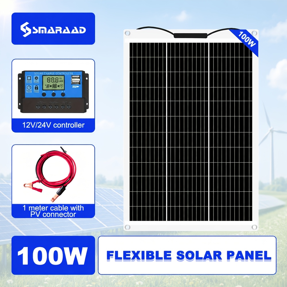 Image of 100w/100w X 2 Flexible Solar Panel Set. Bent To Fit Curved Surfaces, Lightweight And Portable, Essential For Camping. With Battery Clip Cable And Extension Cord And Solar Controller. Delivered Quickly