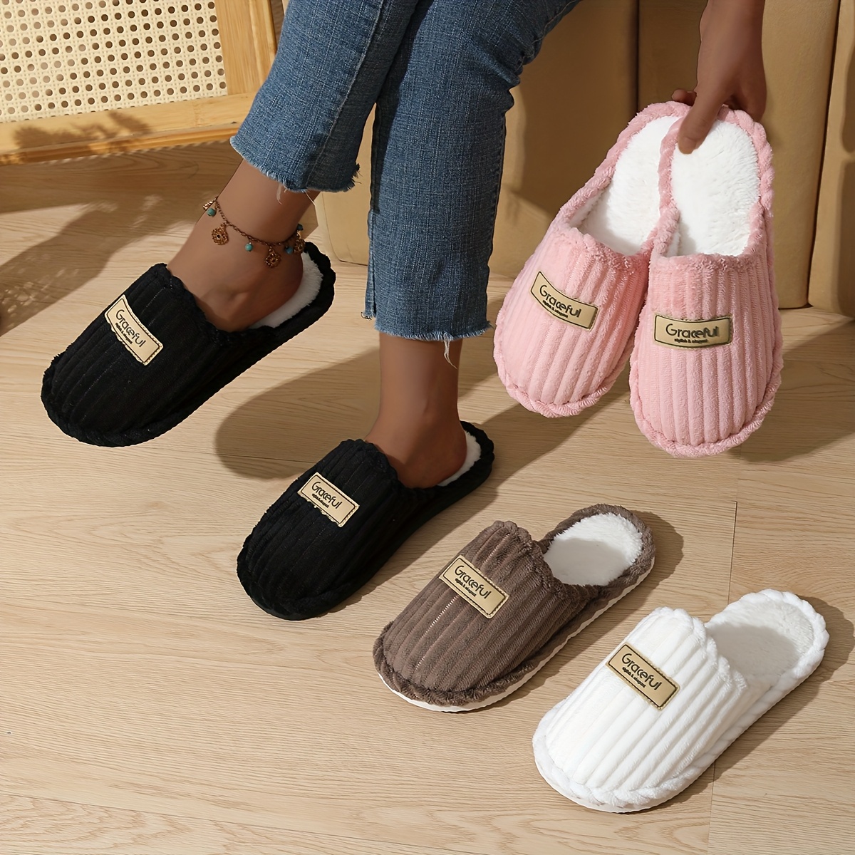 women fluffy home slippers sold on Temu Canada