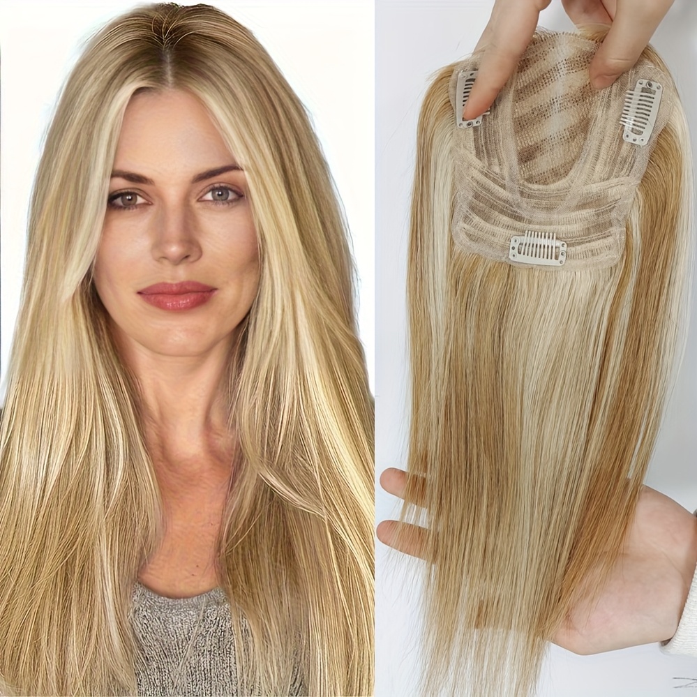 TEMU 12p613 Colorata Donna 25cm 100% Capelli Extension 13X12cm con Pizzo Clip-in Topper Capelli, Topper Biondo Naturale Divisione Pizzo Extension