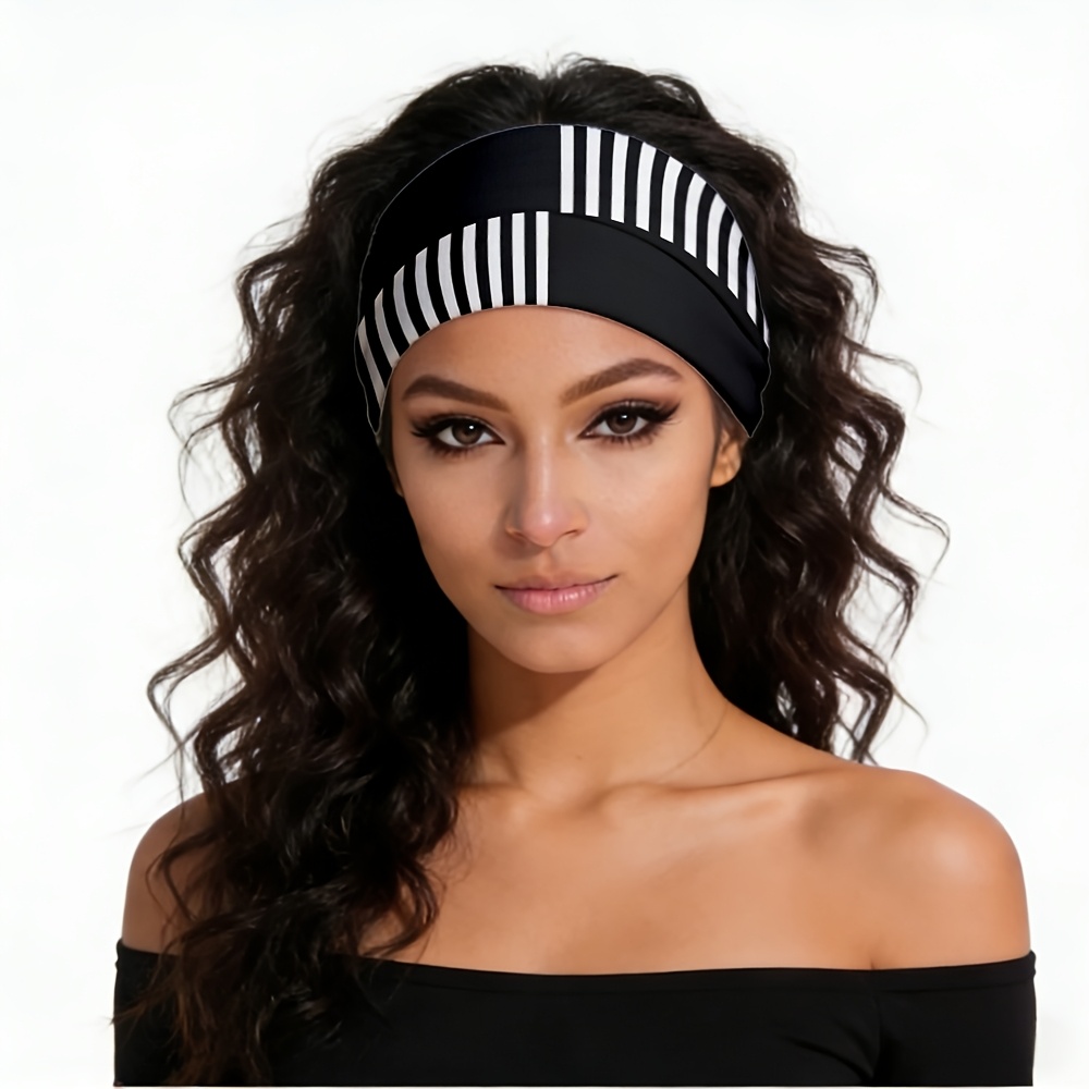 TEMU 2D PLAT Zwart-Wit Gestreepte Patchwork Haarband, voor Dagelijks Gebruik Thuis, Huidverzorging 's Morgens, Weekendtrips, Shoppen, Wandelen,