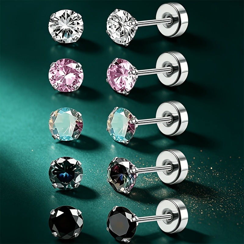 TEMU 5 Pairs Of Steel Stud Earrings, Unisex Earrings, Suitable For Sensitive Ears, Zirconia Stainless Steel Flat Back Studs, Low-allergy Piercing