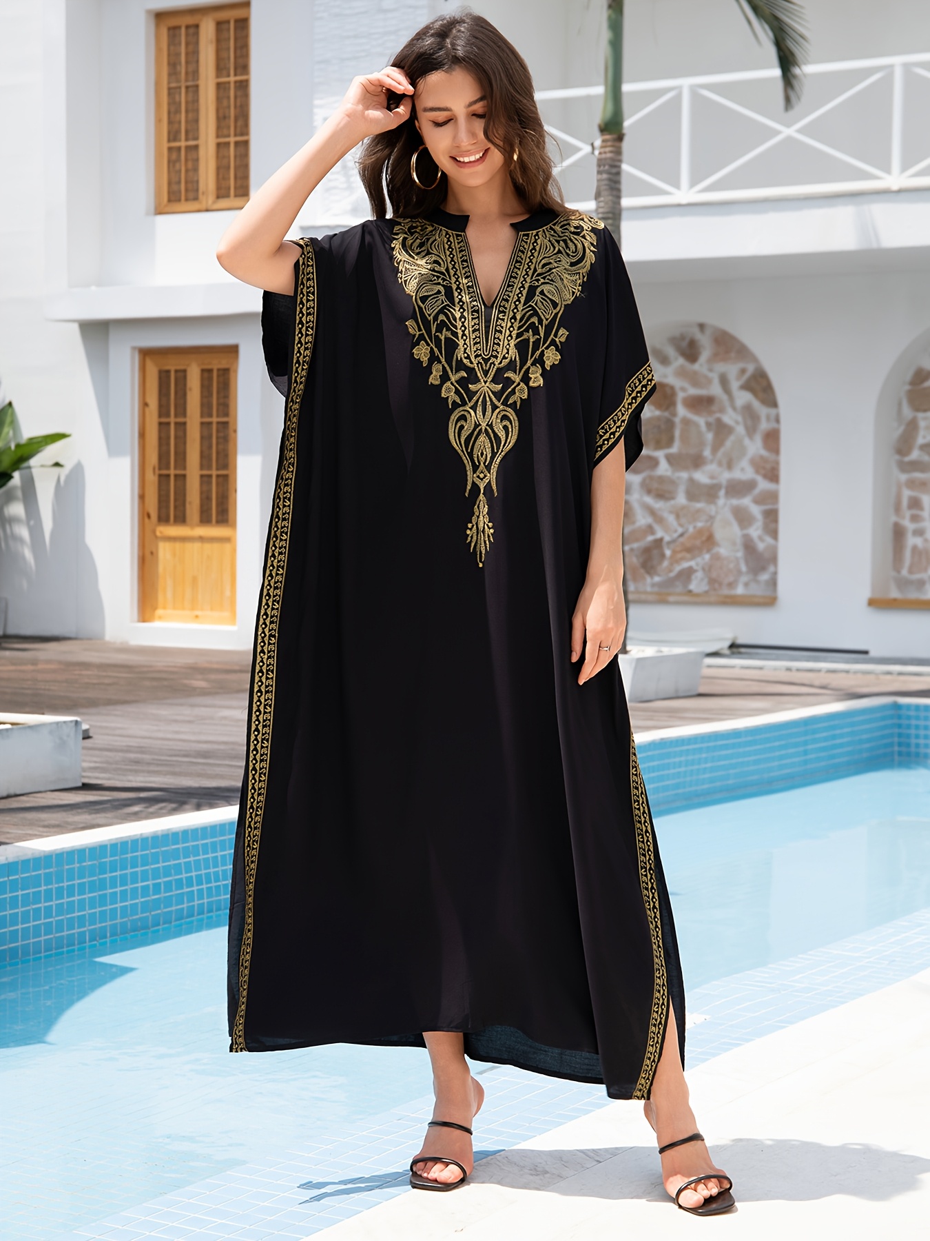 Long Mexican Embroidered Kaftan Dress Maxi Dubai Abaya Caftan Dresses Plus  Size Swimsuit Cover Up Beach Tunic