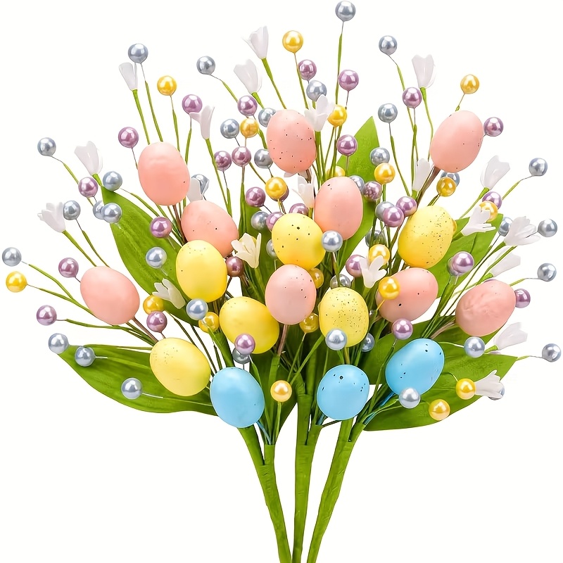 3pcs Easter Decoration With Artificial Flowers, Colorful Eggs, And Pearl Branches For Party Table Arrangements
