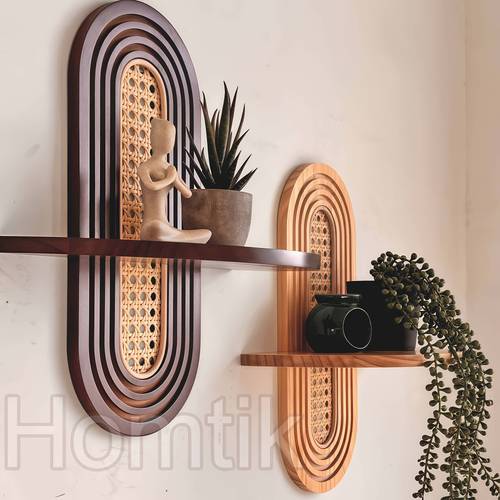1pc century modern boho wooden wall shelf with woven rattan detail bohemian retro vintage minimalist home decor decorative floating shelf for small planters aesthetic wall art decor for living room bedroom dining room bathroom office