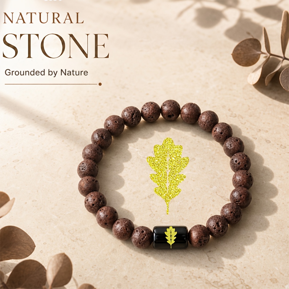 Women's Natural Stone Beaded Bracelet with Golden Leaf