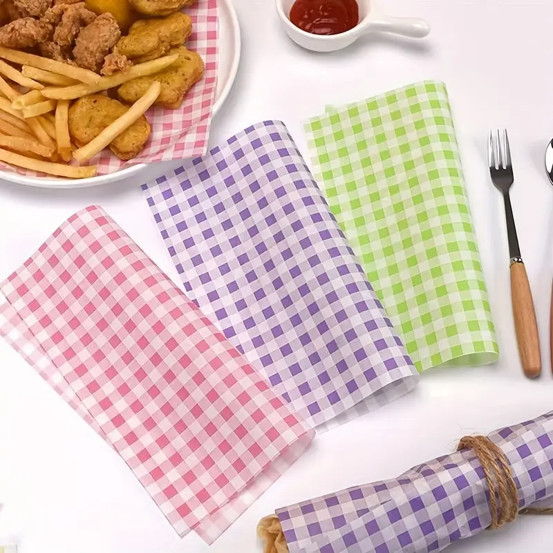 oil proof greaseproof wax paper sheets decorative checkered green grid baking serving kitchen wrapping paper for bakery gift packaging pink white green white wax paper sheets for food festive design material Product details 3