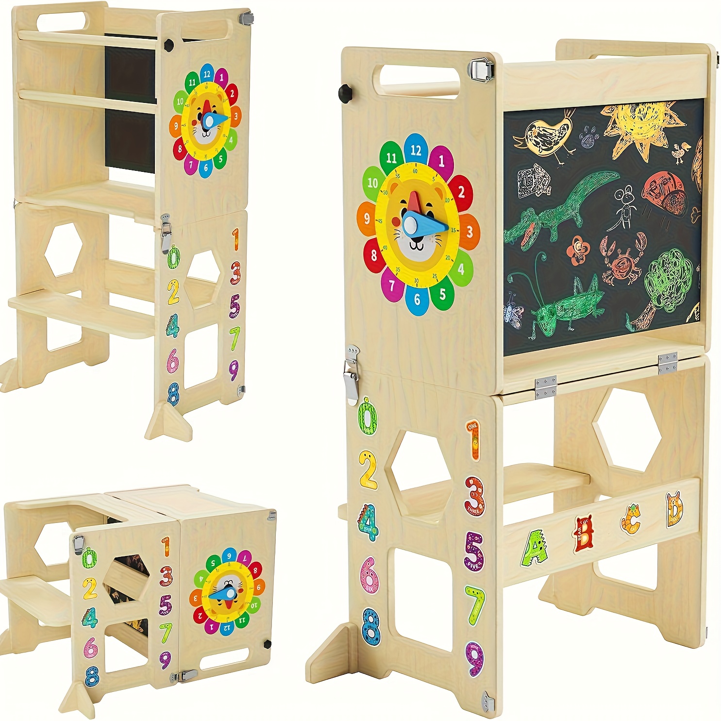 4-in-1 Toddler Standing Tower with Learning Clock & Blackboard - Foldable Multi-Functional Step Stool, Wood Climbing Ladder & for & (Toddler Learning, Motor Skills Development)