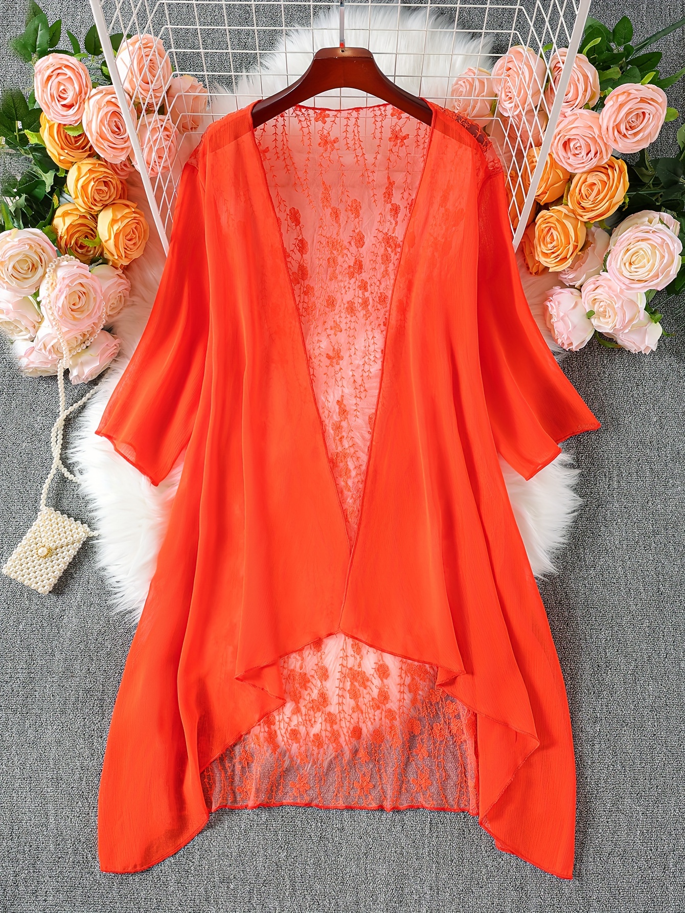 Elegant Plus-Size Coral Chiffon Kimono Cardigan with Lace Detailing - Sheer Half-Sleeve Beach Cover-Up, Machine Washable