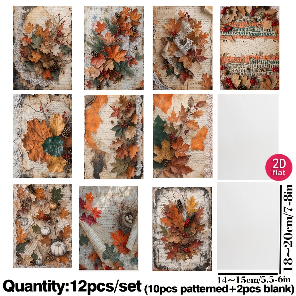 TEMU 12pcs Papier Sulfaté Rétro Premium Papier d'Art Série Feuille d'Arbre d'Automne 2D Plat Créatif Autocollants Faits Main Décoration Journal Album