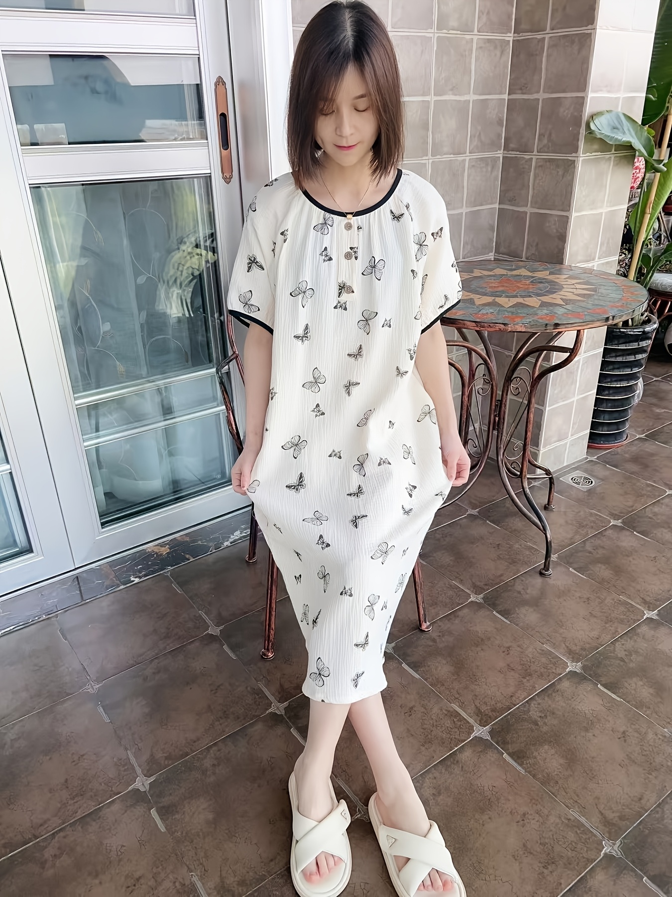 women's 100% cotton sleep dress black print short Temu Qatar