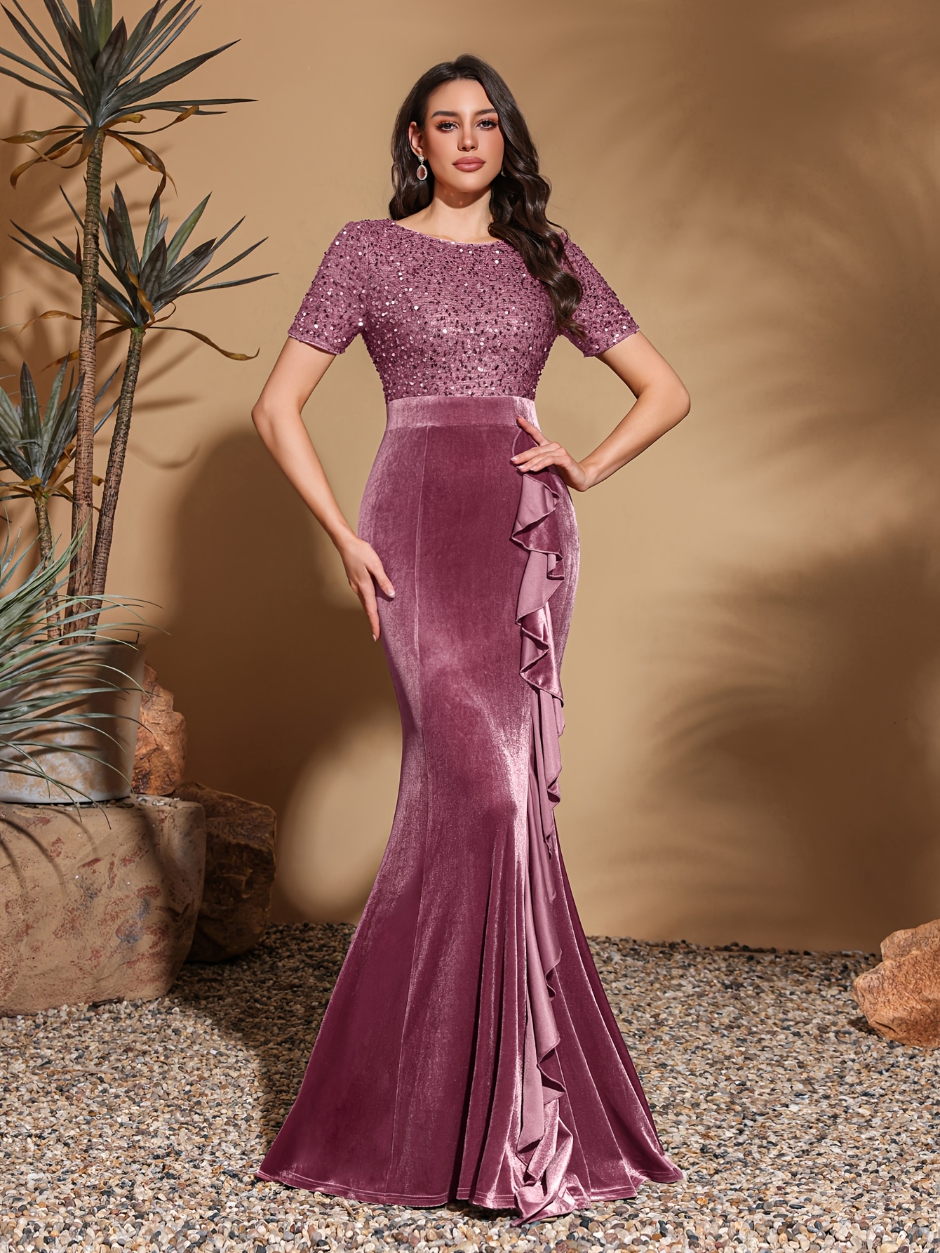 col rond à manches courtes en velours à paillettes Temu Switzerland