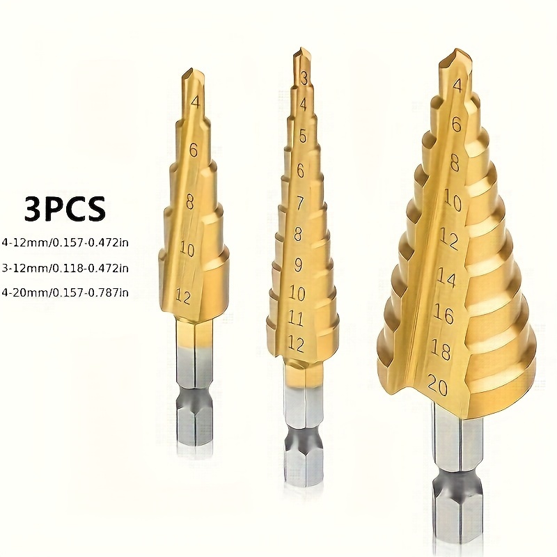 TEMU 3pcs Titanium-coated Hss Set - 3-12mm, 4-12mm, 4-20mm Straight Groove Cutters For Hole Sawing