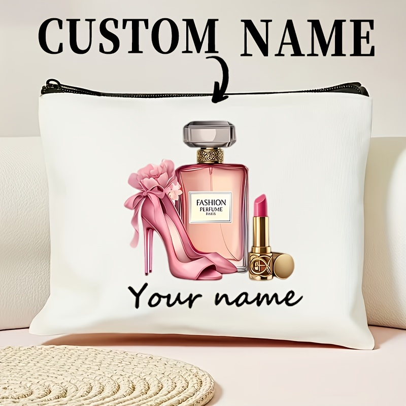 TEMU Trousse de maquillage personnalisée avec nom (1 à 3 pièces) - Motif floral élégant avec flacon de parfum et talons hauts, pochette à cosmétiques
