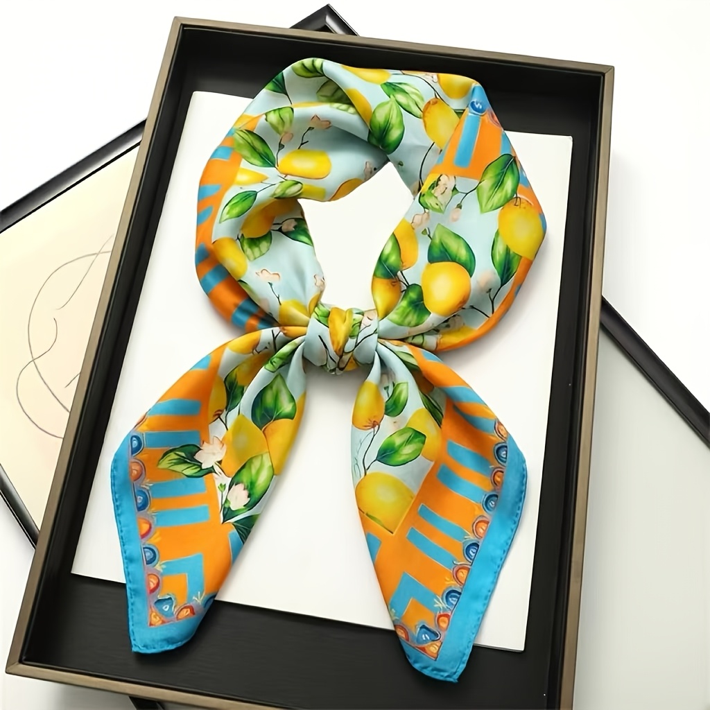 E-shop 70Cm×70Cm Kopftuch mit Zitronenmuster | Modisches Vintage Kopftuch | Hellblau & Orange Sommer Strand Haar Accessoire für Damen | Großes